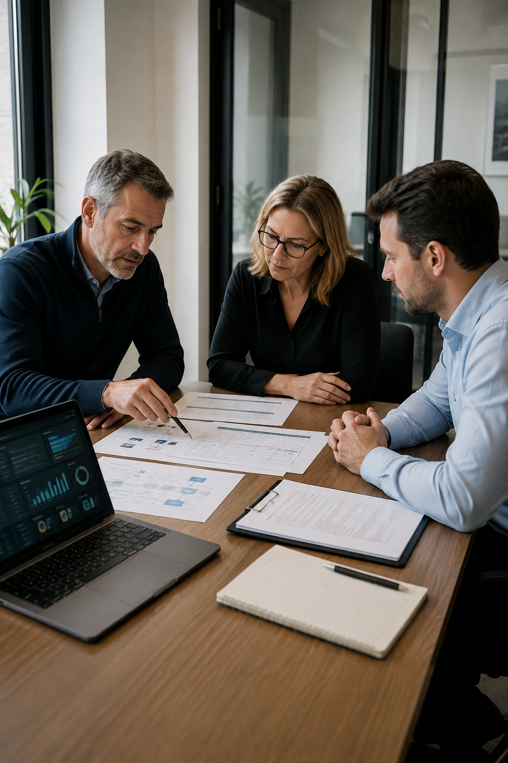 Business executives reviewing AI governance documentation